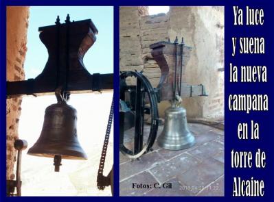 Tras su refundición ya esta instalada la nueva campana en la torre de la iglesia de Alcaine