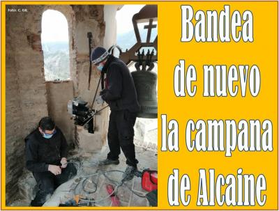 Se sustituye por avería el motor de bandeo de la campana principal de la iglesia Santa María La Mayor, de Alcaine (Teruel)